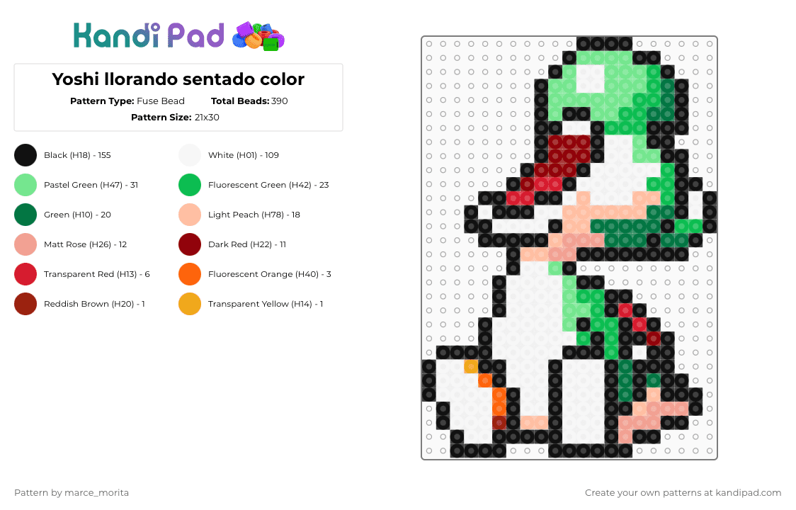 Yoshi llorando sentado color - Fuse Bead Pattern by marce_morita on Kandi Pad - beige, green, teal, white