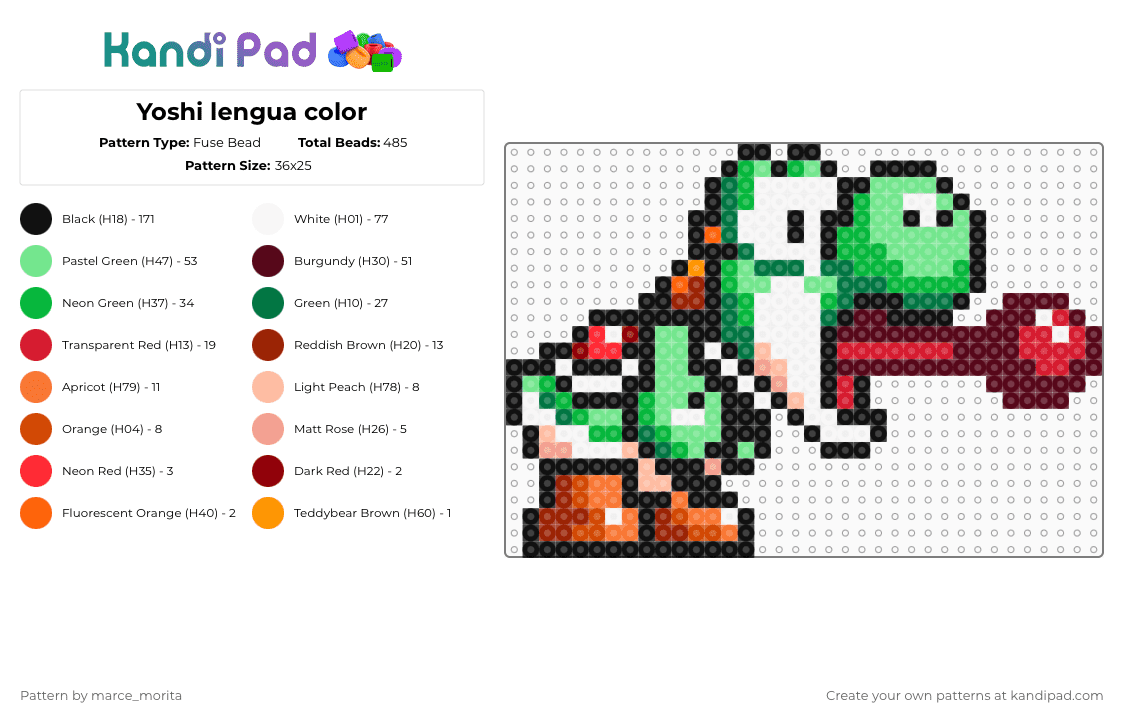 Yoshi lengua color - Fuse Bead Pattern by marce_morita on Kandi Pad - brown,teal,green,red