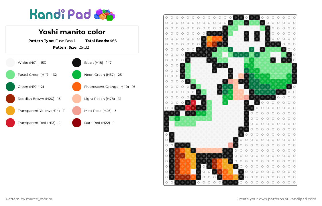 Yoshi manito color - Fuse Bead Pattern by marce_morita on Kandi Pad - green, teal, white