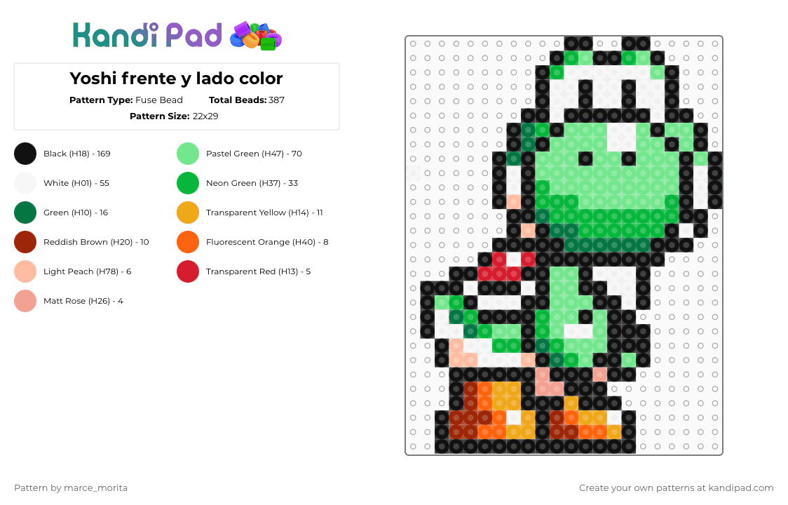 Yoshi frente y lado color - Fuse Bead Pattern by marce_morita on Kandi Pad - black,teal,green