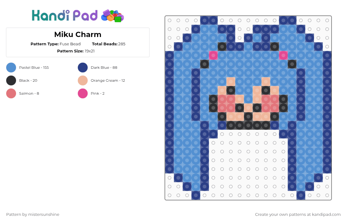 Miku Charm - Fuse Bead Pattern by mistersunshine on Kandi Pad - light blue,blue
