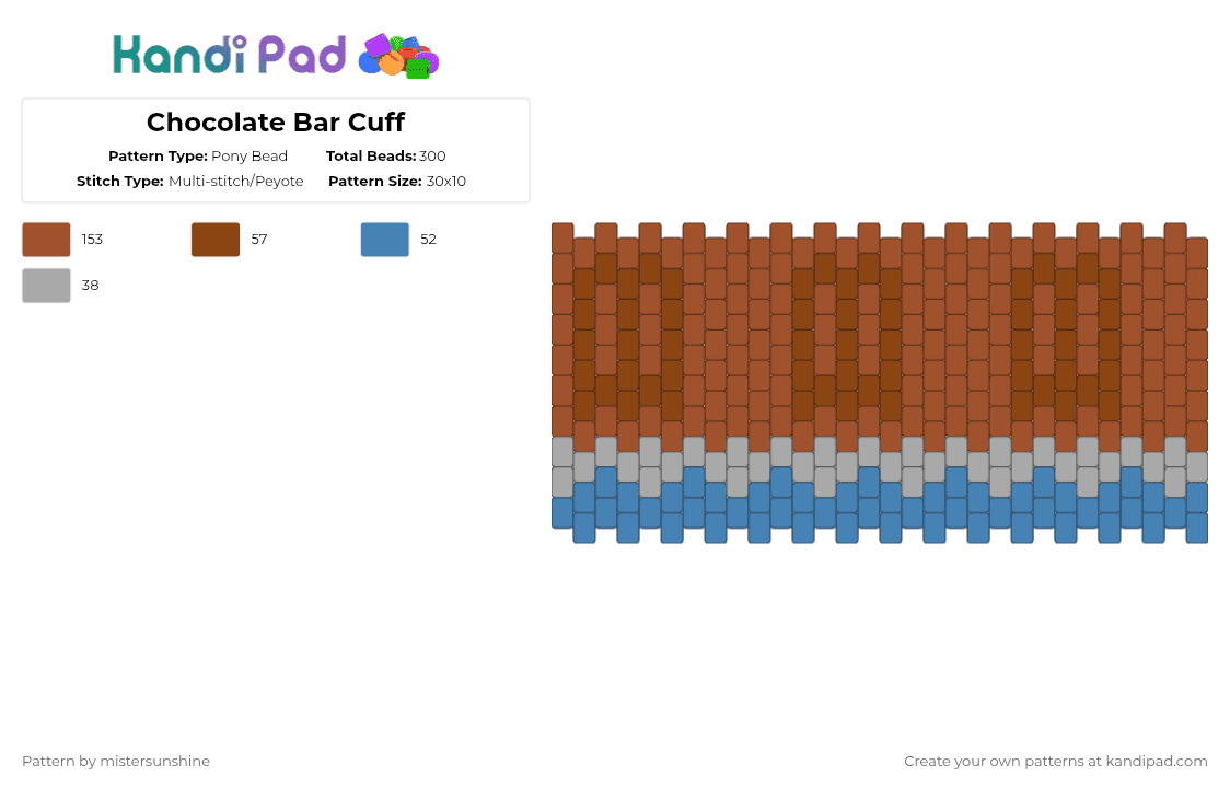 Chocolate Bar Cuff - Pony Bead Pattern by mistersunshine on Kandi Pad - red,cotdchocolate,brown,blue,chocolate,chocolate bar,multistitch,cuff