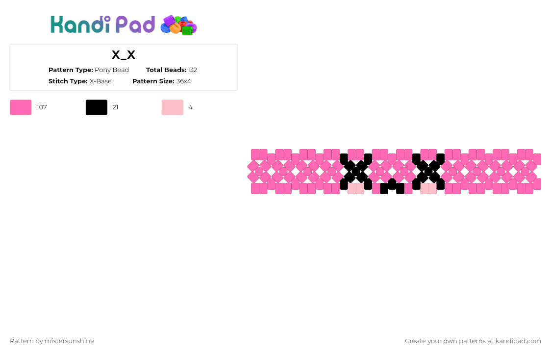 X_X - Pony Bead Pattern by mistersunshine on Kandi Pad - pink,x base,face,x eyes