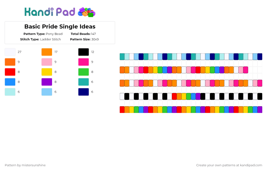 Basic Pride Single Ideas - Pony Bead Pattern by mistersunshine on Kandi Pad - orange,pink,light blue,purple,pride,singles,lesbian,gay,ally