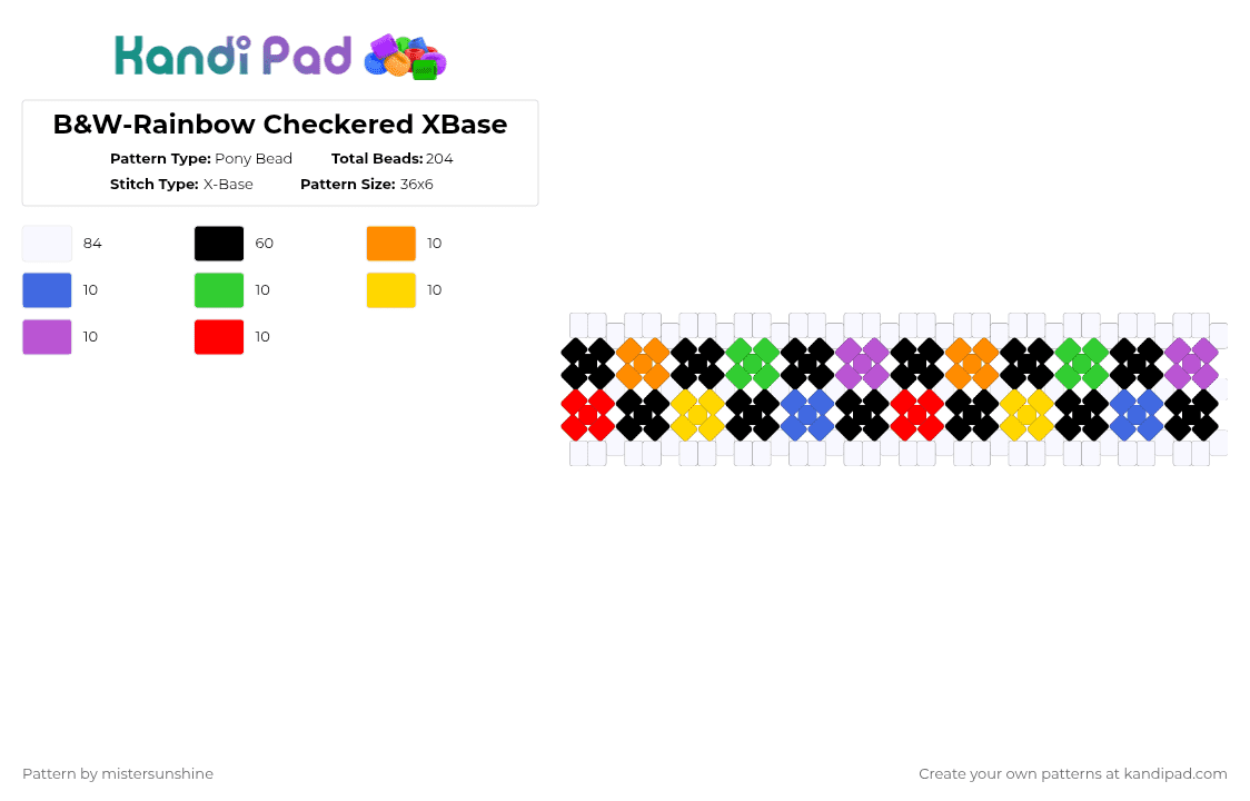 B&W-Rainbow Checkered XBase - Pony Bead Pattern by mistersunshine on Kandi Pad - white,blue,yellow,red,colorful,xbase,cuff,rainbow,black,checker