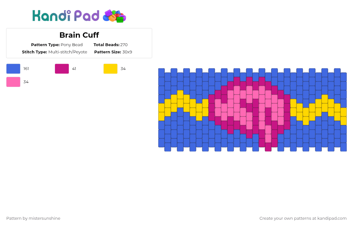 Brain Cuff - Pony Bead Pattern by mistersunshine on Kandi Pad - blue, brain, cuff, multistitch, pink, simple
