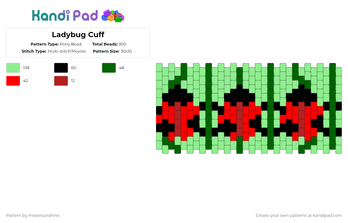 Ladybug Cuff - Pony Bead Pattern by mistersunshine on Kandi Pad - teal,cotdladybugs,ladybugs,red,black,green,multistitch,cuff,bug