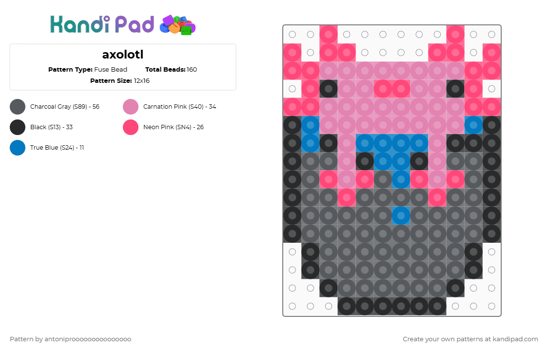 axolotl - Fuse Bead Pattern by antoniprooooooooooooooo on Kandi Pad - pink,gray