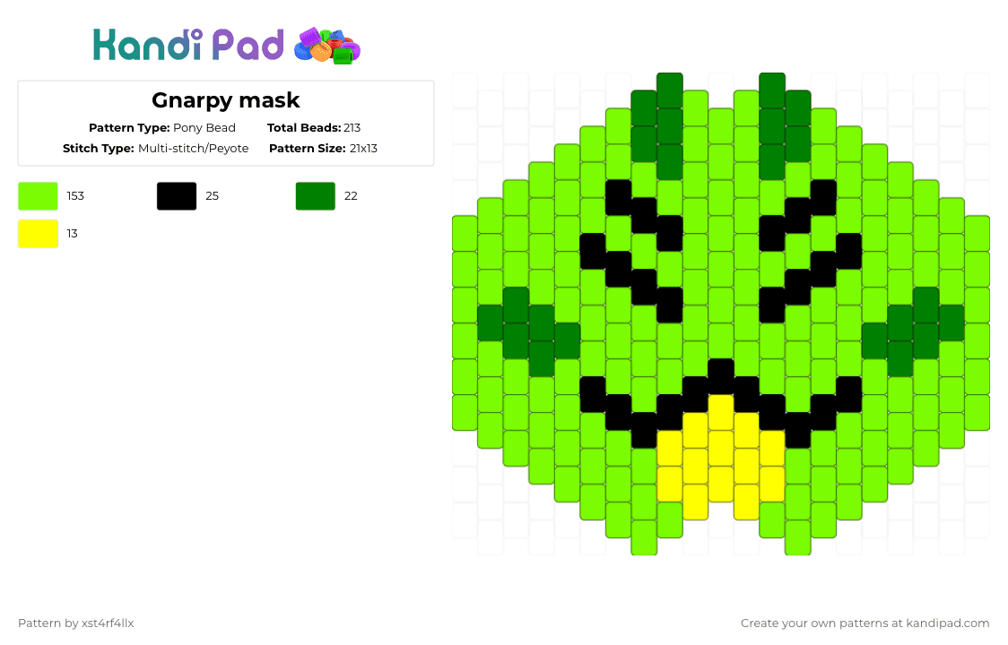Gnarpy mask - Pony Bead Pattern by xst4rf4llx on Kandi Pad - alien, cat, gnarpy, green, mask, regretevator