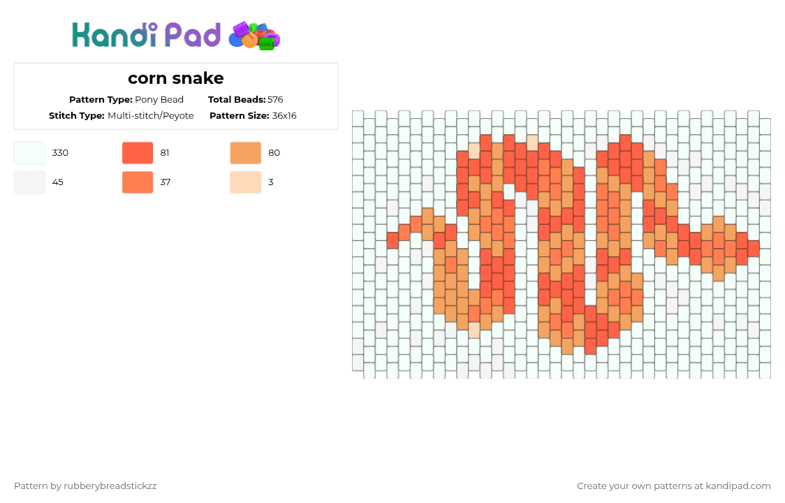 corn snake - Pony Bead Pattern by rubberybreadstickzz on Kandi Pad - white,red,orange