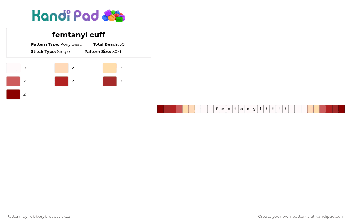 femtanyl cuff - Pony Bead Pattern by rubberybreadstickzz on Kandi Pad - beige, red, white