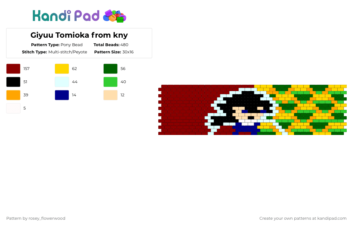 Giyuu Tomioka from kny - Pony Bead Pattern by rosey_flowerwood on Kandi Pad - red,yellow,green