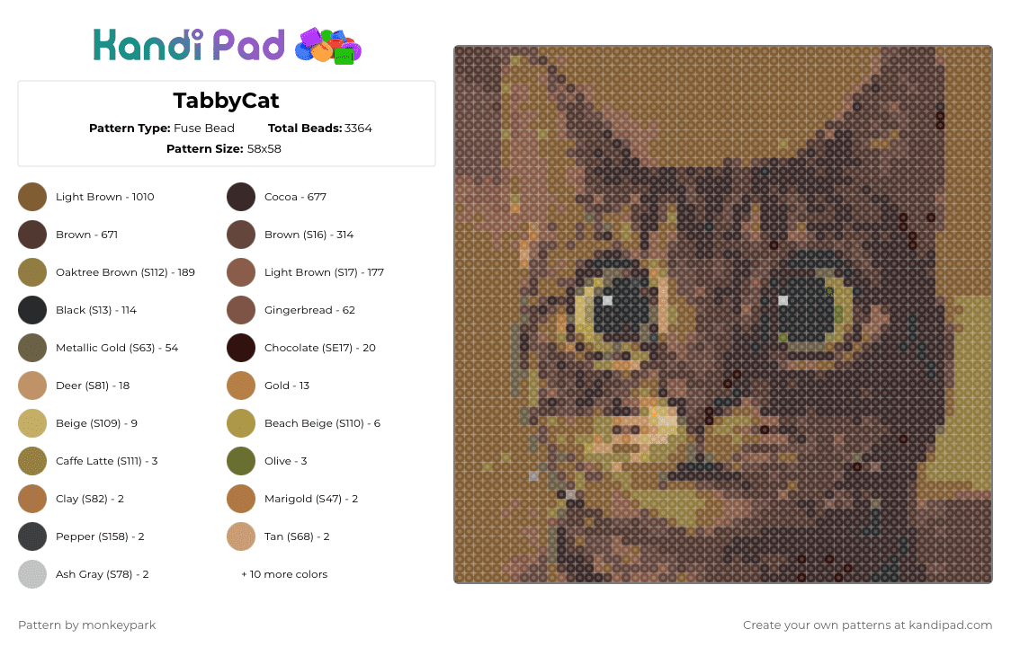 TabbyCat - Fuse Bead Pattern by monkeypark on Kandi Pad - brown,tan
