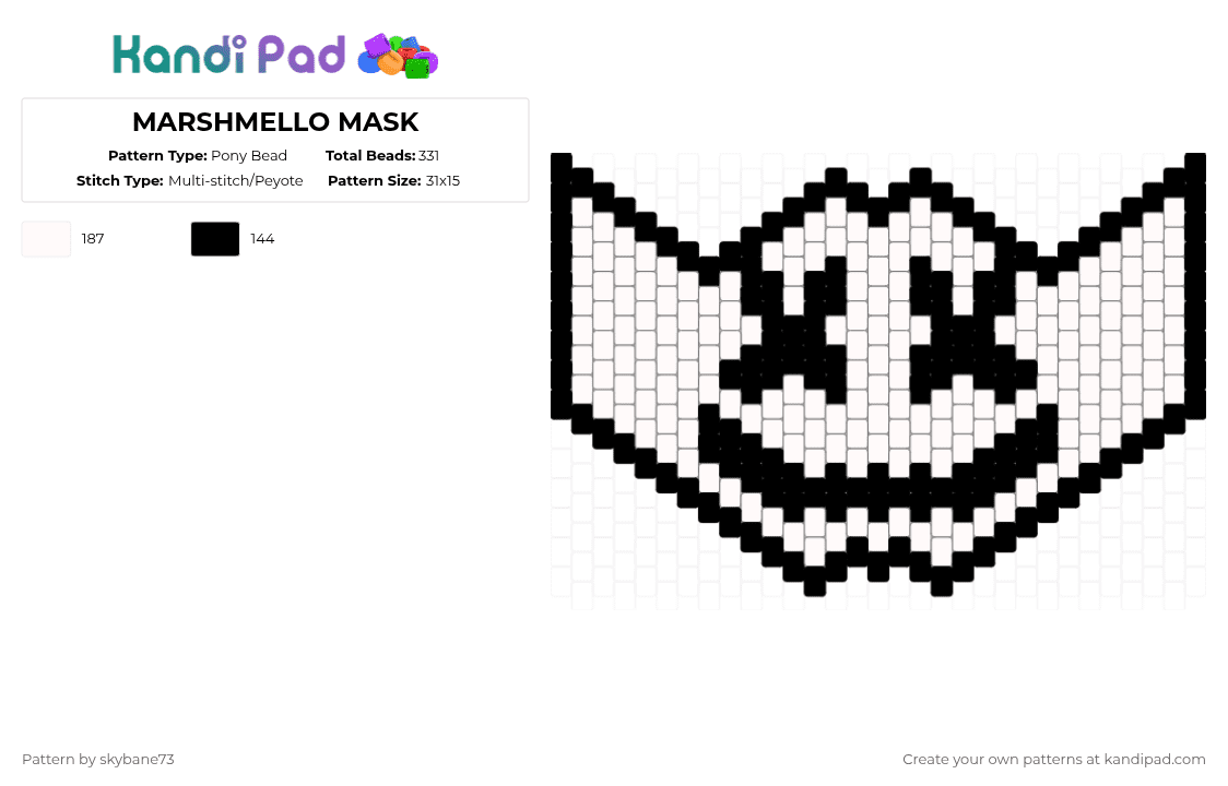 MARSHMELLO MASK - Pony Bead Pattern by skybane73 on Kandi Pad - black,white,marshmello,edm,mask,peyote stitch,pony beads