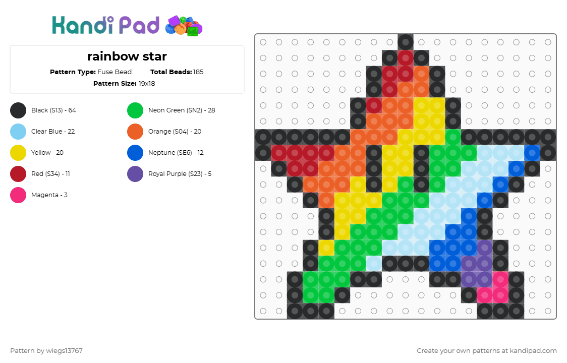 rainbow star - Fuse Bead Pattern by wiegs13767 on Kandi Pad - orange,yellow,green,light blue
