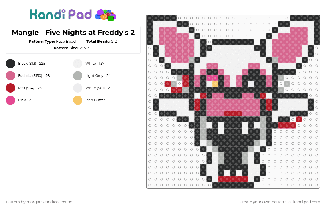 Mangle - Five Nights at Freddy\'s 2 - Fuse Bead Pattern by morganskandicollection on Kandi Pad - white,pink