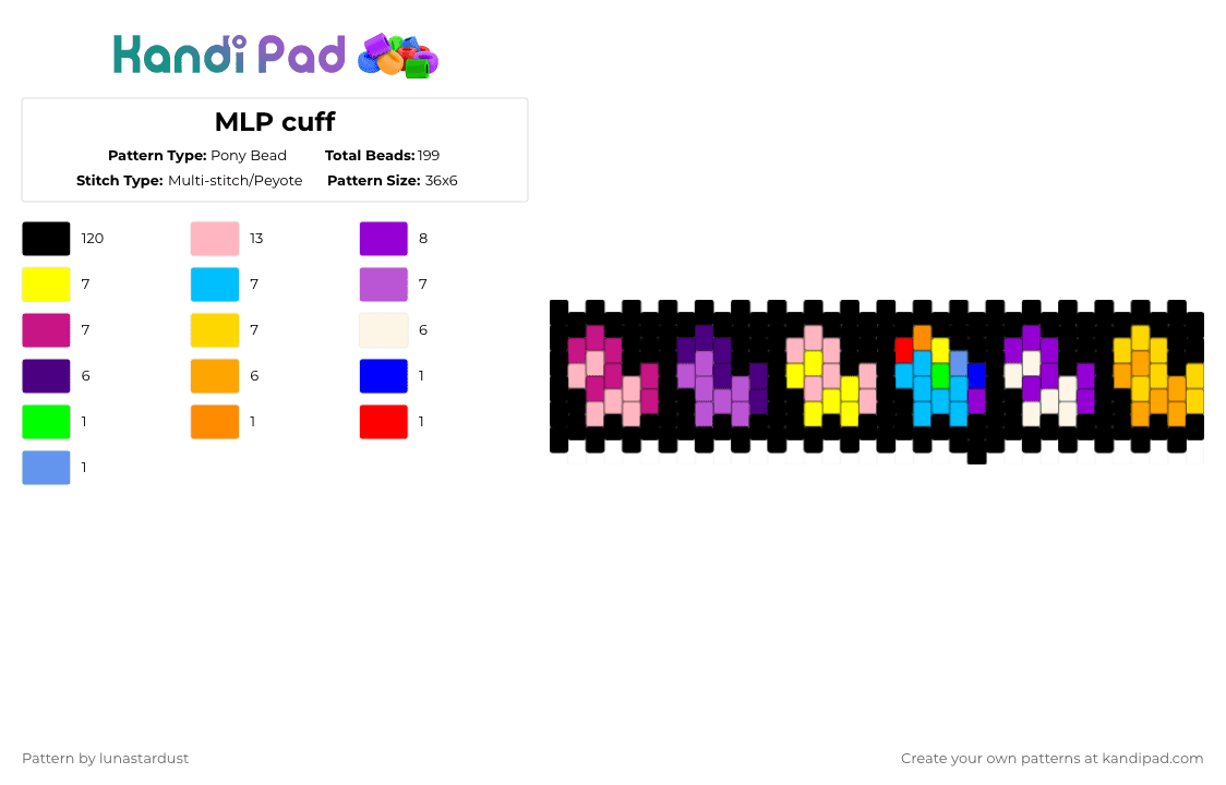 MLP cuff - Pony Bead Pattern by lunastardust on Kandi Pad - black,yellow,pink,purple