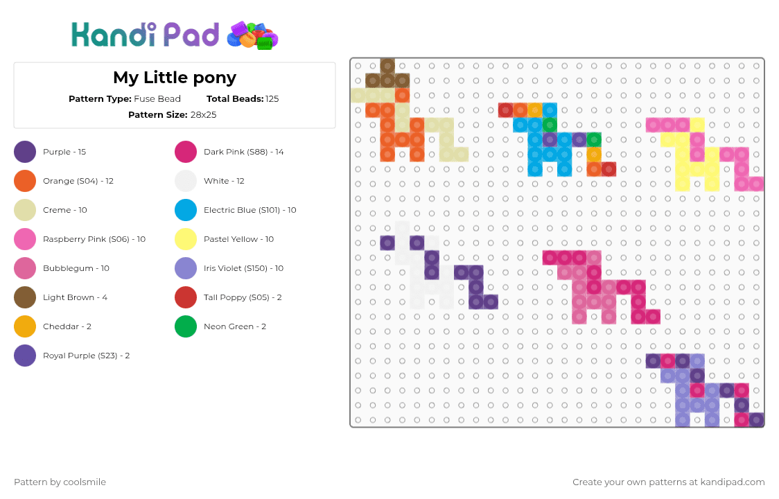 My Little pony - Fuse Bead Pattern by coolsmile on Kandi Pad - yellow,orange,pink,purple
