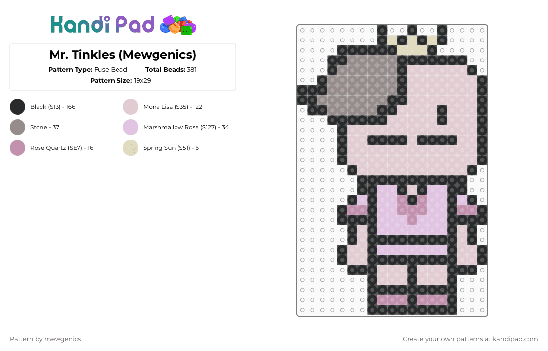 Mr. Tinkles (Mewgenics) - Fuse Bead Pattern by mewgenics on Kandi Pad - white,gray,pink,mewgenics,perler