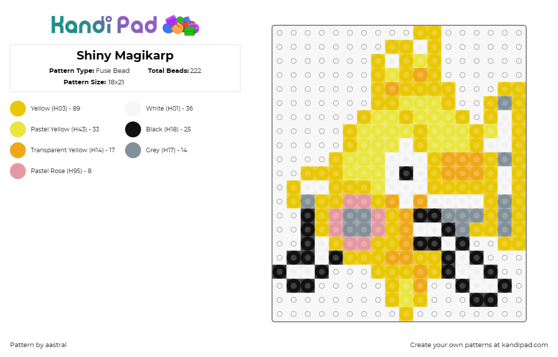 Shiny Magikarp - Fuse Bead Pattern by aastral on Kandi Pad - magikarp,pokemon,shiny,aquatic,creature,gaming,character,yellow