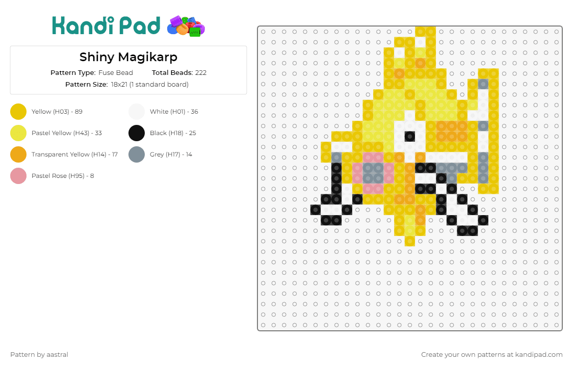 Shiny Magikarp - Fuse Bead Pattern by aastral on Kandi Pad - magikarp,pokemon,shiny,aquatic,creature,gaming,iconic,character,yellow