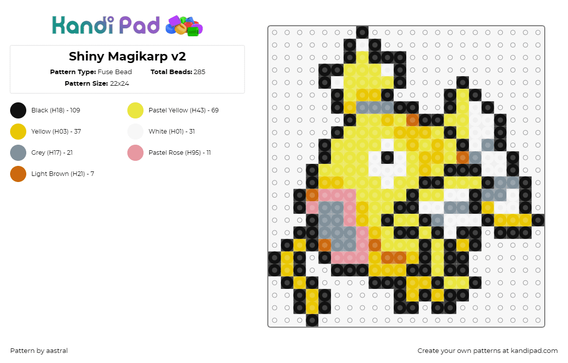 Shiny Magikarp v2 - Fuse Bead Pattern by aastral on Kandi Pad - magikarp,pokemon,aquatic,creature,gaming,character,yellow