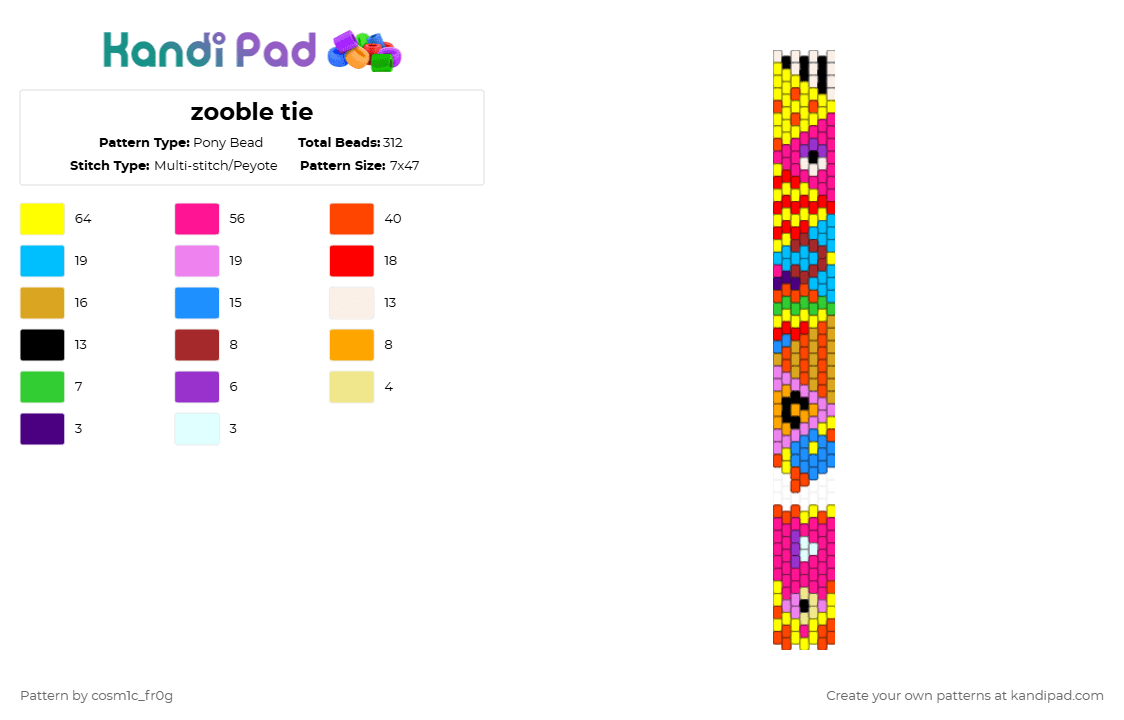 zooble tie - Pony Bead Pattern by cosm1c_fr0g on Kandi Pad - yellow,red,pink