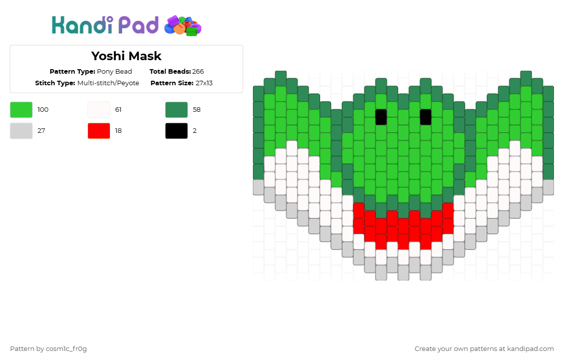 Yoshi Mask - Pony Bead Pattern by cosm1c_fr0g on Kandi Pad - green,yoshi,mask