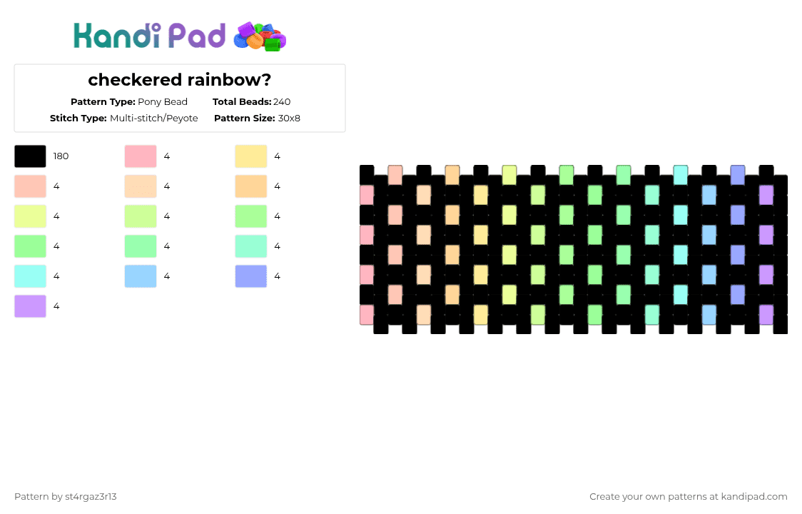checkered rainbow? - Pony Bead Pattern by st4rgaz3r13 on Kandi Pad - black,yellow,teal,colorful