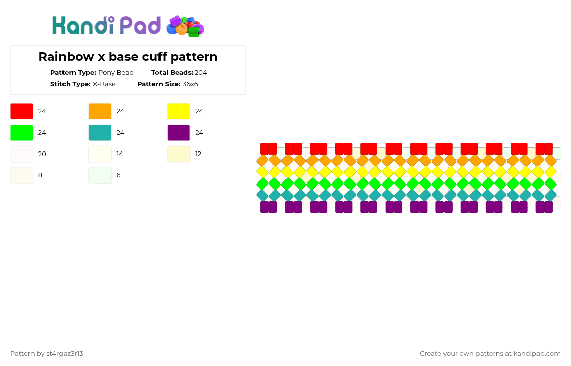 Rainbow x base cuff pattern - Pony Bead Pattern by st4rgaz3r13 on Kandi Pad - yellow,orange,teal,colorful