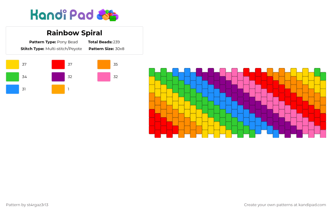Rainbow Spiral Pony Bead Pattern - Kandi Pad | Kandi Patterns, Fuse ...