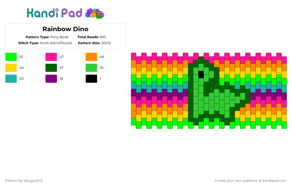 Rainbow Dino - Pony Bead Pattern by st4rgaz3r13 on Kandi Pad - green,pink