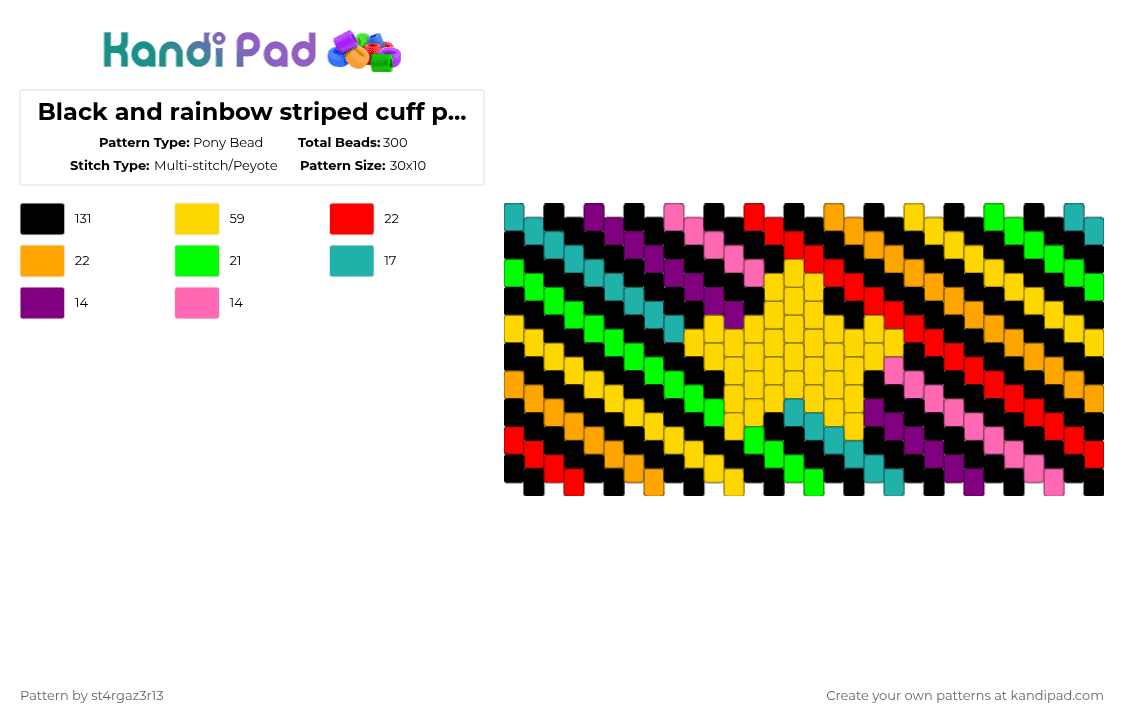 Black and rainbow striped cuff pattern - Pony Bead Pattern by st4rgaz3r13 on Kandi Pad - black,yellow,pink
