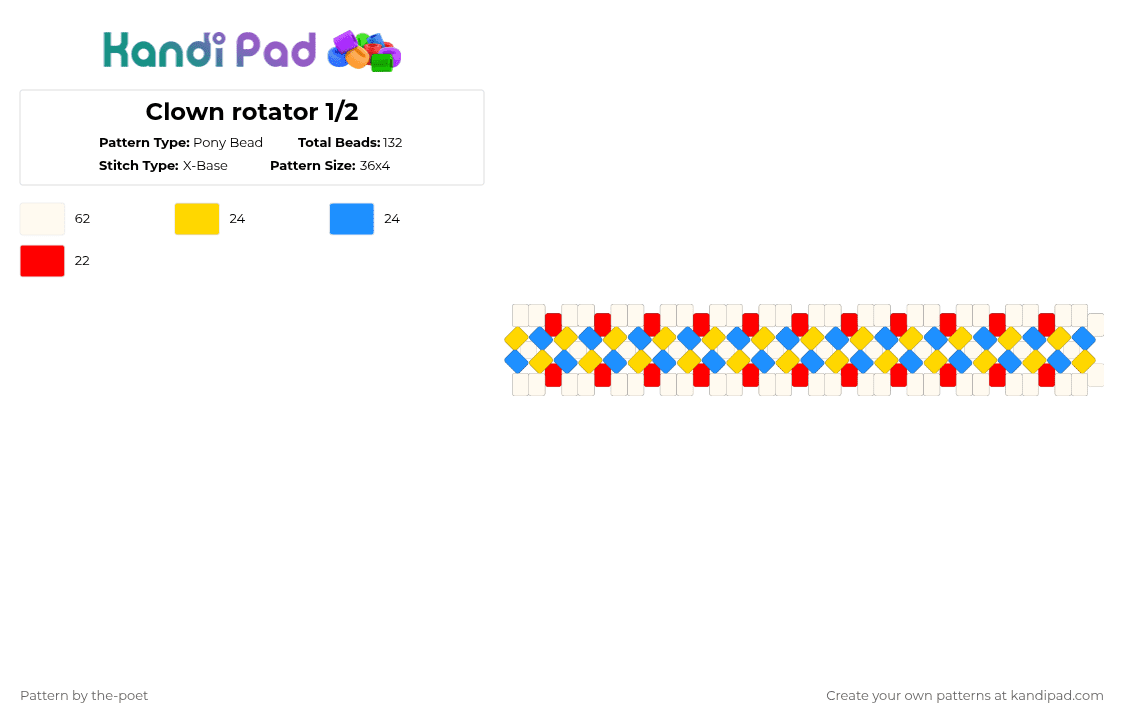 Clown rotator 1/2 - Pony Bead Pattern by the-poet on Kandi Pad - yellow,light blue,clowncore,primary colors,clown