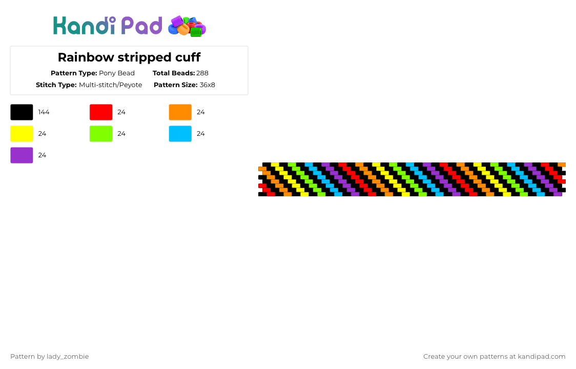 Rainbow stripped cuff - Pony Bead Pattern by lady_zombie on Kandi Pad - black,orange,green,purple,colorful,cuff,rainbow,colourful