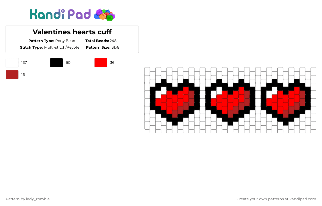 Valentines hearts cuff - Pony Bead Pattern by lady_zombie on Kandi Pad - white,red,valentines,love,holidays,heart