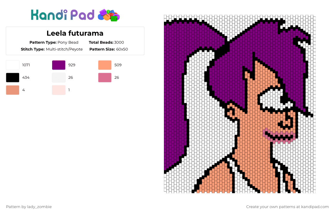 Leela futurama - Pony Bead Pattern by lady_zombie on Kandi Pad - pink,orange,futurama,cartoon,alien