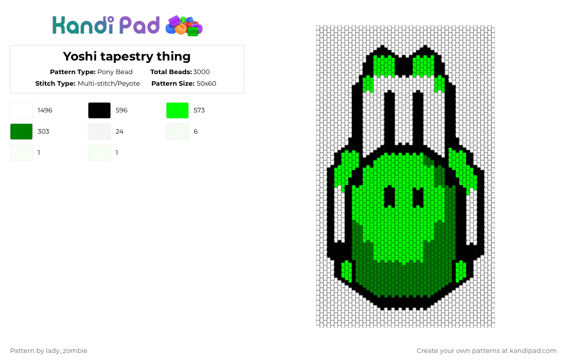 Yoshi tapestry thing - Pony Bead Pattern by lady_zombie on Kandi Pad - white,green,super mario,yoshi,tapestry,videogame
