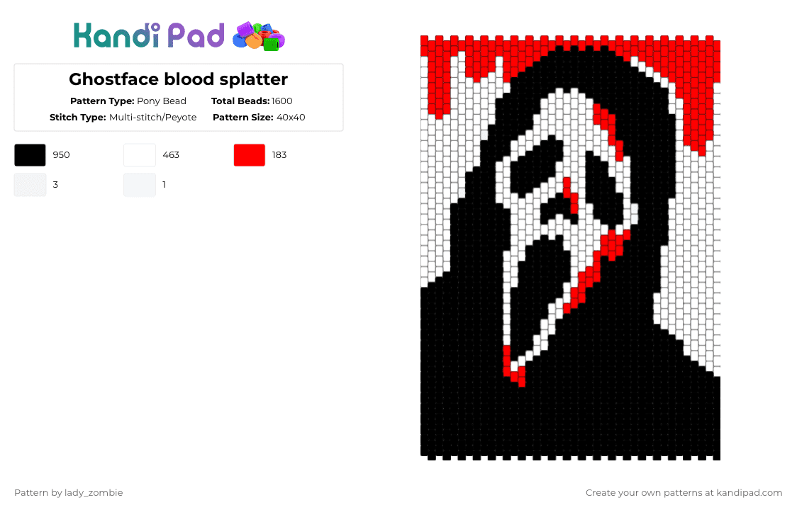 Ghostface blood splatter - Pony Bead Pattern by lady_zombie on Kandi Pad - red,white,horror movie,ghostface,scary movie,spooky