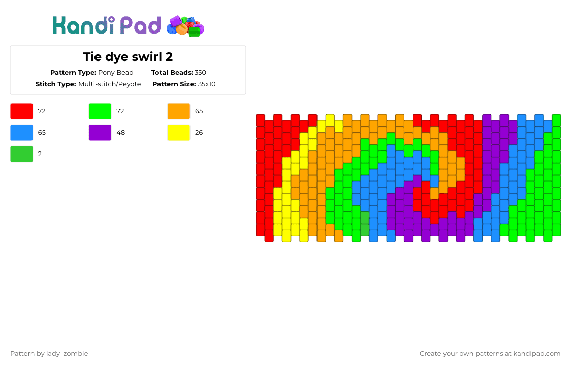 Tie dye swirl 2 - Pony Bead Pattern by lady_zombie on Kandi Pad - red,orange,light blue,green,tie dye,rainbow,colourful