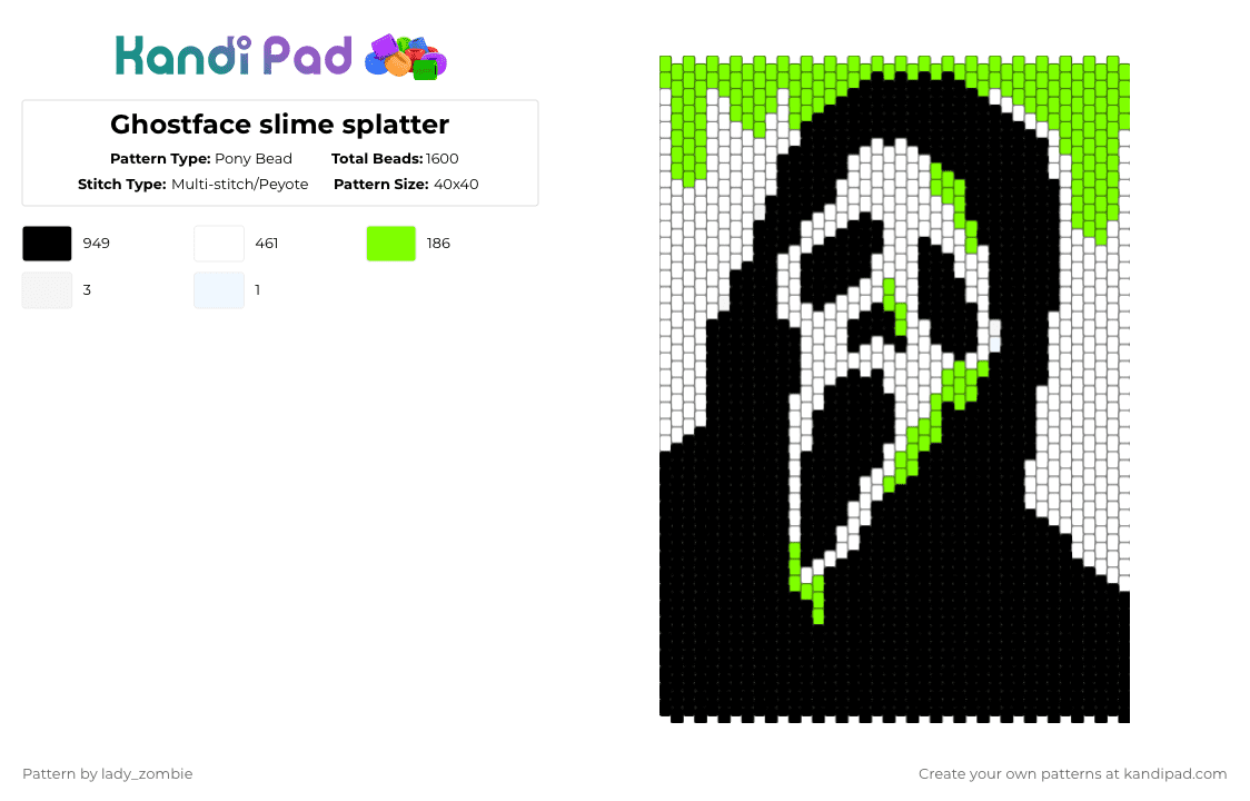 Ghostface slime splatter - Pony Bead Pattern by lady_zombie on Kandi Pad - ghostface, green, slime, spooky, white