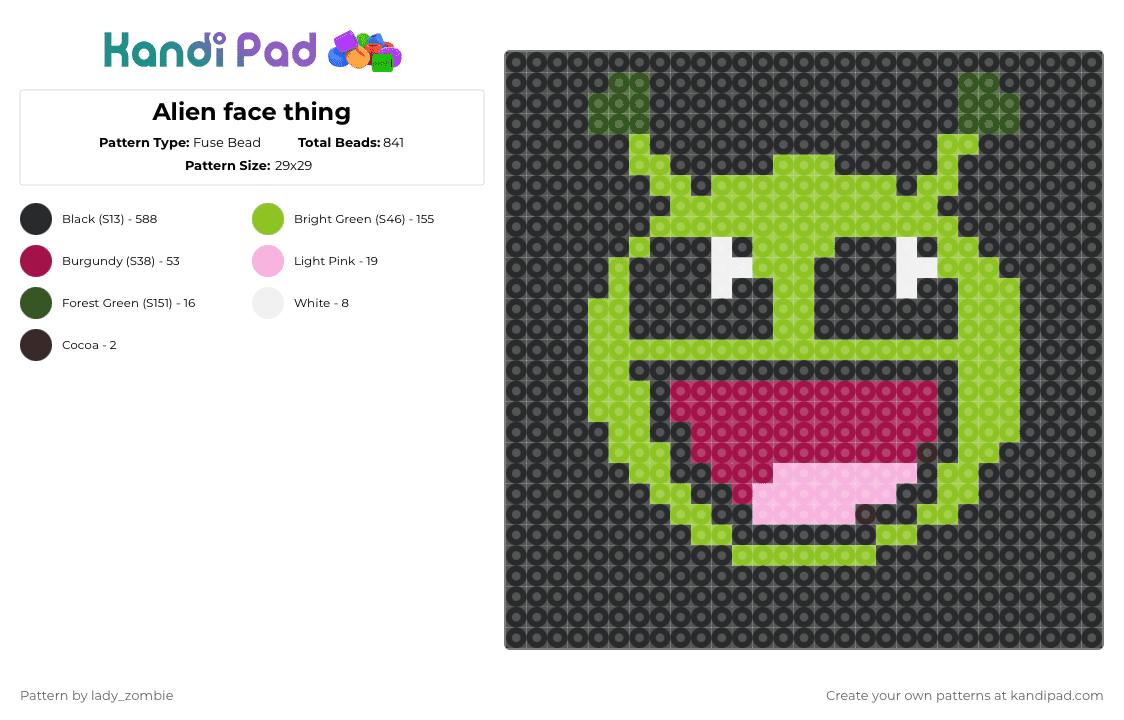 Alien face thing - Fuse Bead Pattern by lady_zombie on Kandi Pad - black,green,pink,meme
