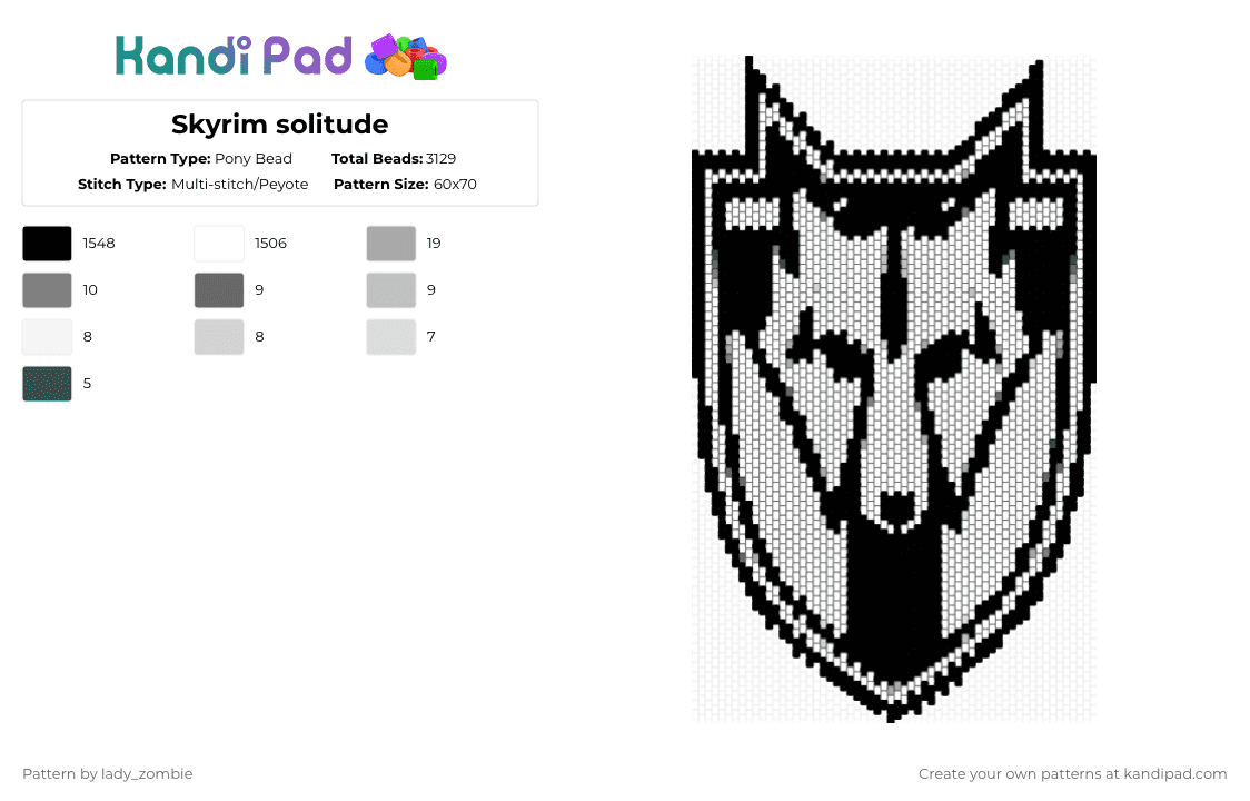 Skyrim solitude - Pony Bead Pattern by lady_zombie on Kandi Pad - white,beige,gray,skyrim,video game,wolf,solitude