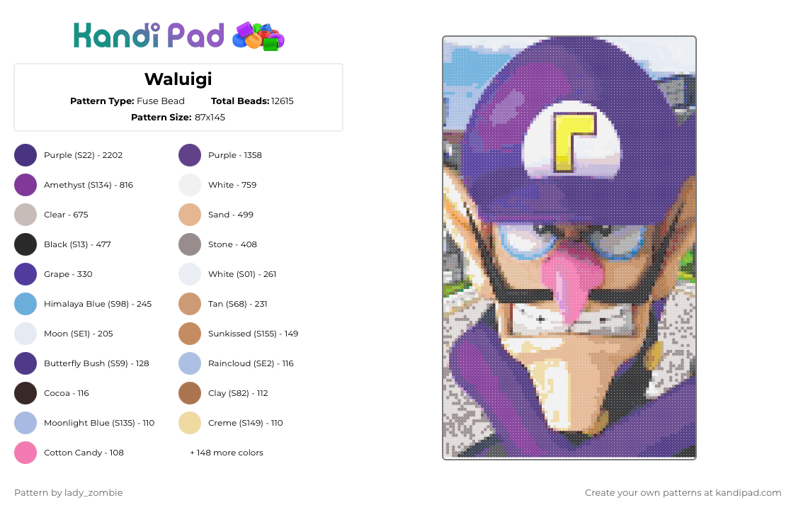 Waluigi - Fuse Bead Pattern by lady_zombie on Kandi Pad - pink,purple,beige,tan,colorful,super mario,nintendo,waluigi