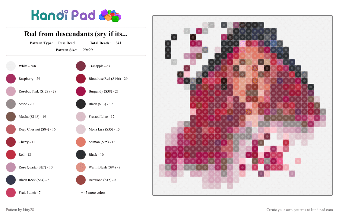 Red from descendants (sry if its blurry) - Fuse Bead Pattern by kitty28 on Kandi Pad - white,pink,brown,red,colorful