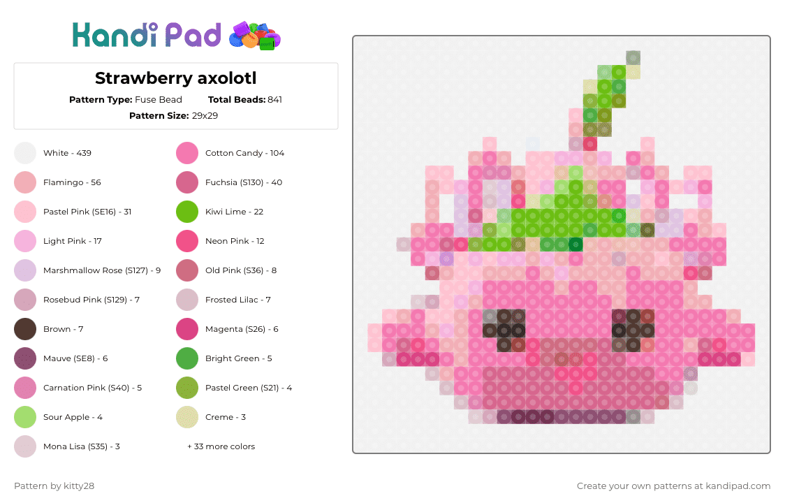 Strawberry axolotl - Fuse Bead Pattern by kitty28 on Kandi Pad - white,green,pink,beige