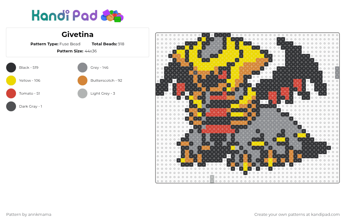 Givetina - Fuse Bead Pattern by annkmama on Kandi Pad - black,gray,yellow,orange