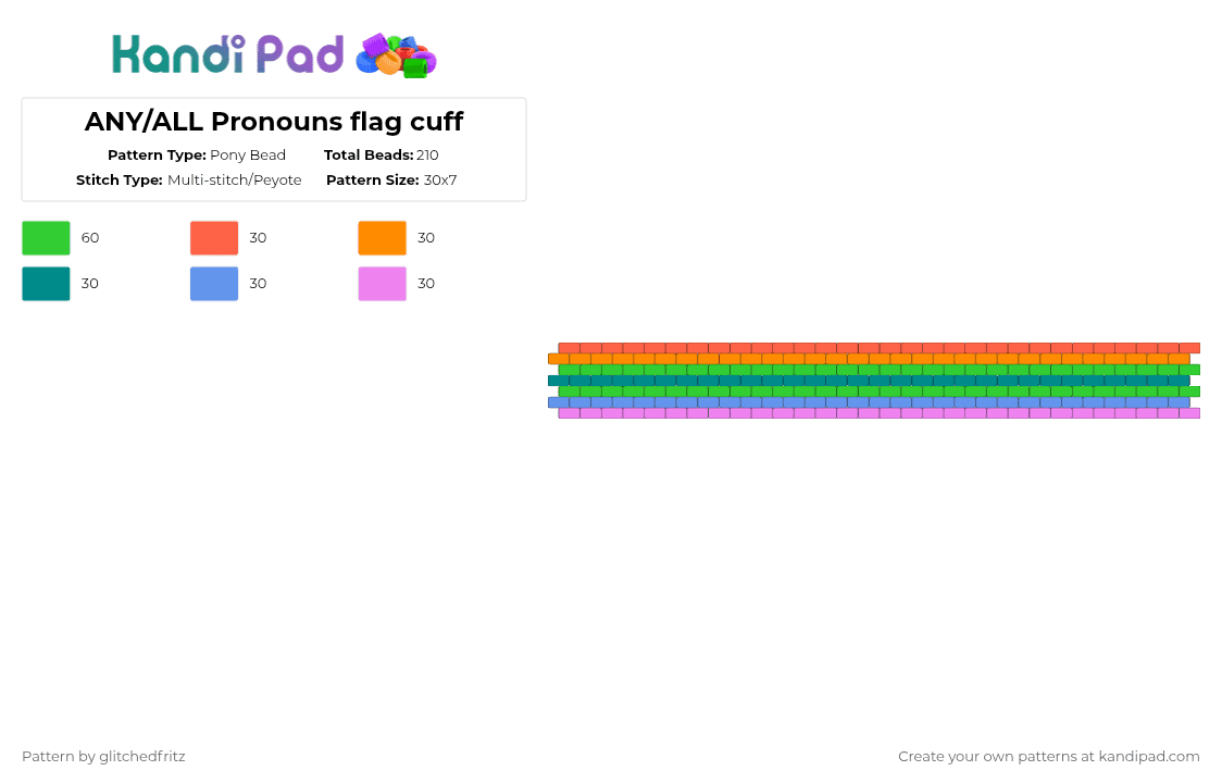 ANY/ALL Pronouns flag cuff - Pony Bead Pattern by glitchedfritz on Kandi Pad - green,lgbt,cuff,pronouns
