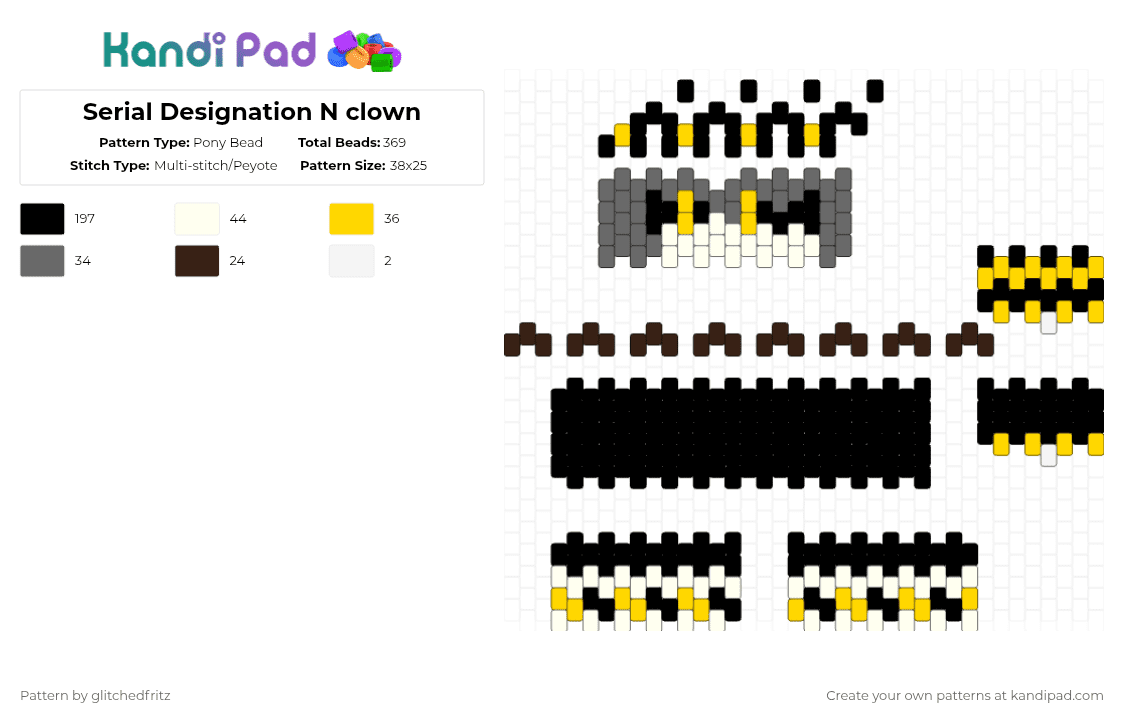 Serial Designation N clown - Pony Bead Pattern by glitchedfritz on Kandi Pad - black,yellow,gray,murder drones,clown