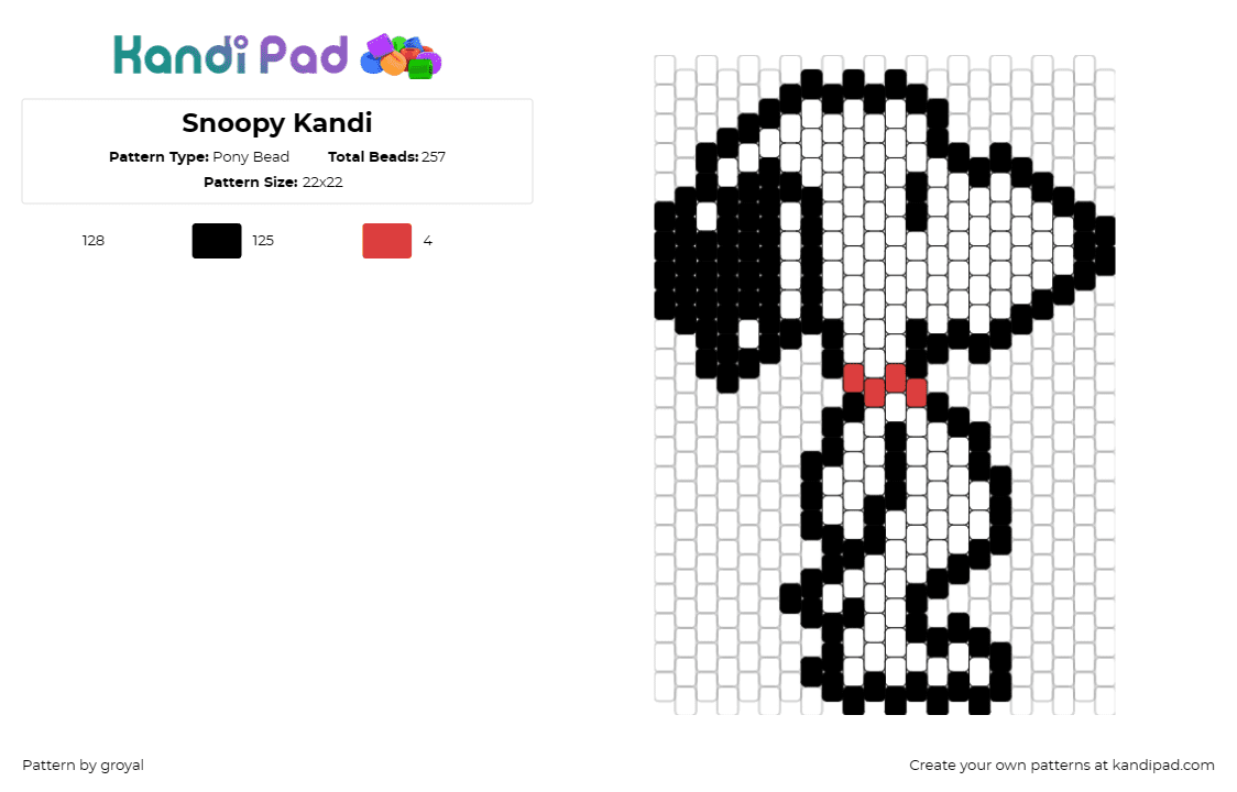 Snoopy Kandi - Pony Bead Pattern by groyal on Kandi Pad - snoopy,charlie brown,peanuts,comic,dog,character,white